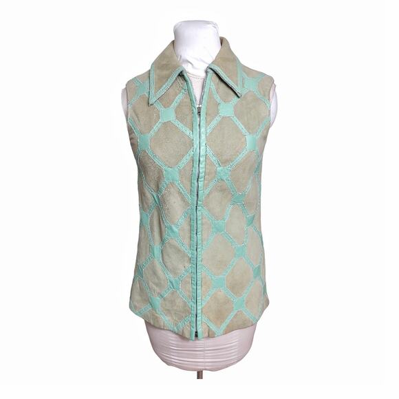 PENNYS Mens Vintage 70s Leather Knit Vest Size 8 Wool Sweater Unisex Green Retro - Picture 1 of 11